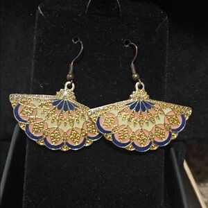 Vintage Gold and Blue Fan Earrings